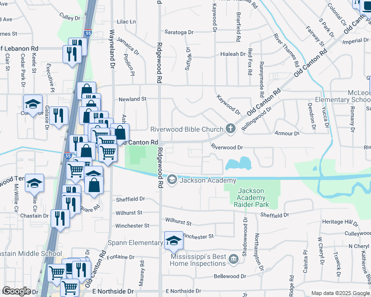 map of restaurants, bars, coffee shops, grocery stores, and more near 5115 Old Canton Road in Jackson