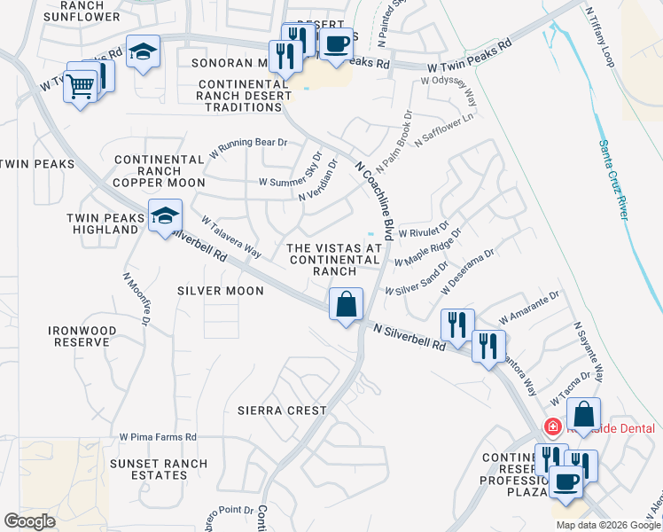 map of restaurants, bars, coffee shops, grocery stores, and more near 8744 North Finfrock Drive in Tucson