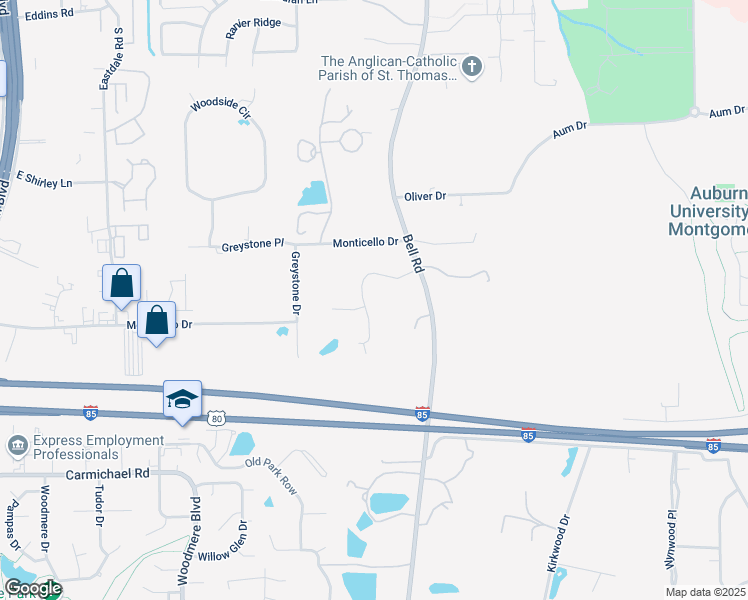 map of restaurants, bars, coffee shops, grocery stores, and more near 6202 Henley Way in Montgomery