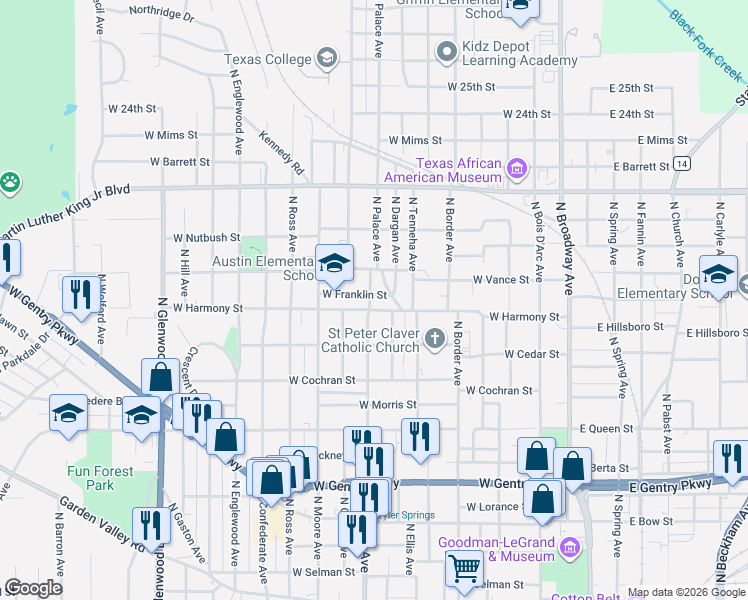 map of restaurants, bars, coffee shops, grocery stores, and more near 1616 Texas College Road in Tyler