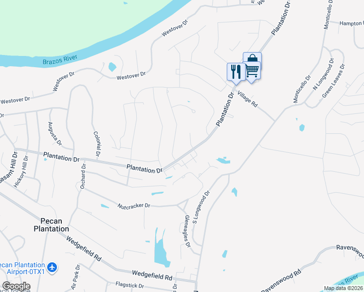 map of restaurants, bars, coffee shops, grocery stores, and more near 9215 Plantation Drive in Granbury