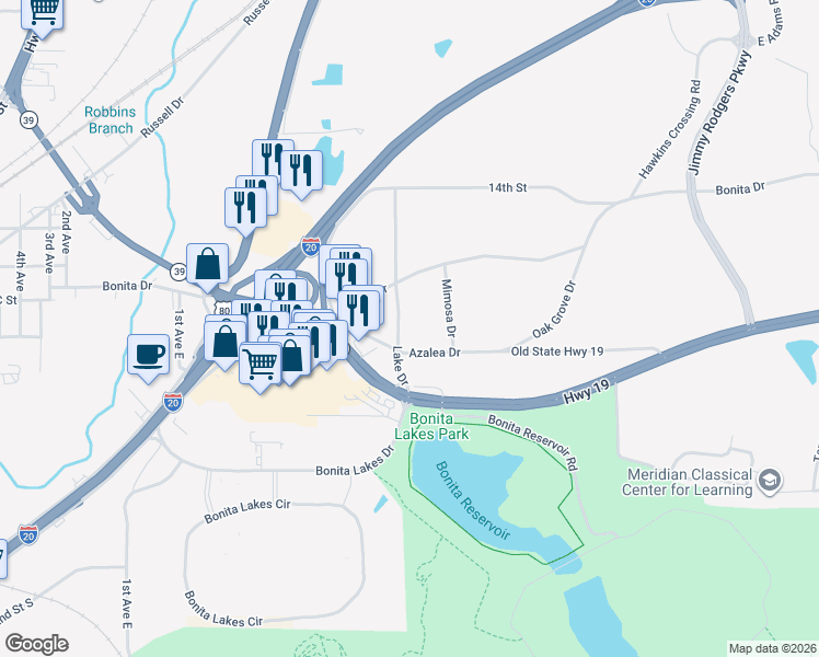 map of restaurants, bars, coffee shops, grocery stores, and more near 715 Lake Drive in Meridian