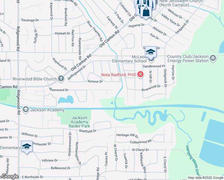 map of restaurants, bars, coffee shops, grocery stores, and more near 1499 Riverwood Drive in Jackson
