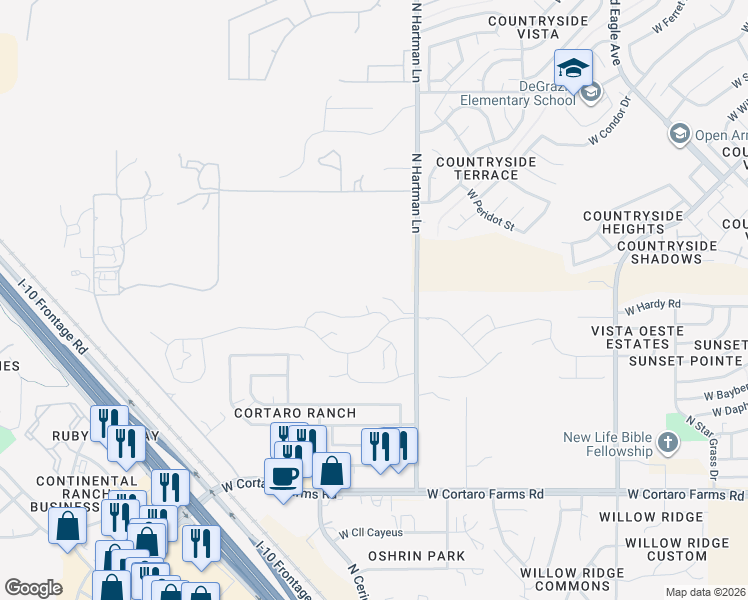 map of restaurants, bars, coffee shops, grocery stores, and more near 8587 North Hartman Lane in Tucson