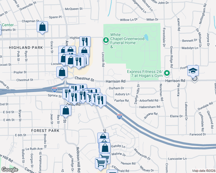 map of restaurants, bars, coffee shops, grocery stores, and more near 3130 Harrison Road in Montgomery