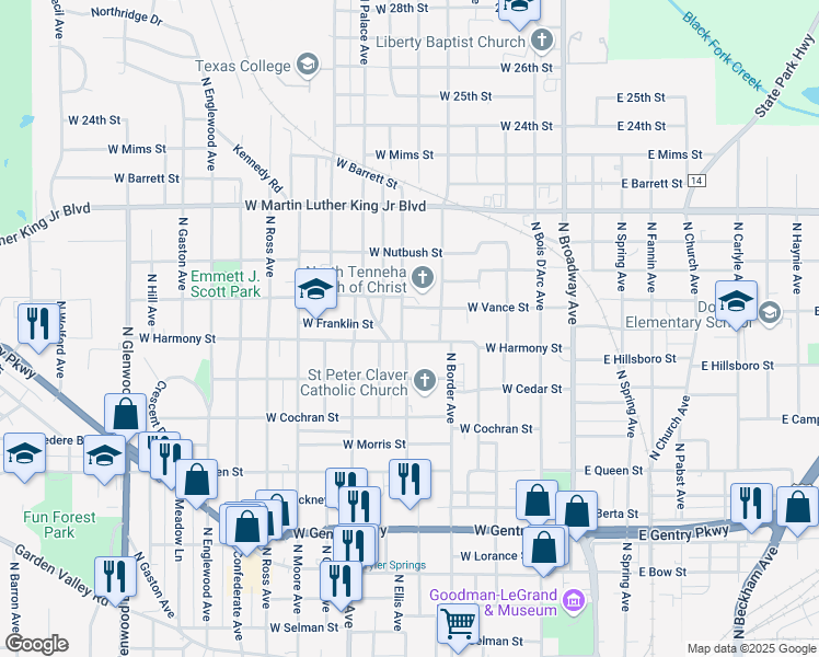 map of restaurants, bars, coffee shops, grocery stores, and more near 1618 North Tenneha Avenue in Tyler