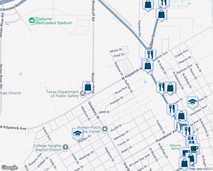 map of restaurants, bars, coffee shops, grocery stores, and more near 406 West Kilpatrick Street in Cleburne
