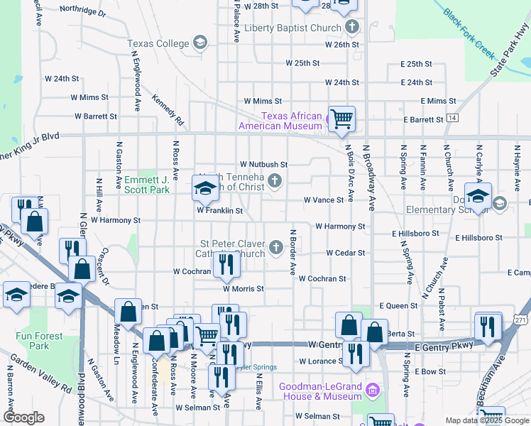 map of restaurants, bars, coffee shops, grocery stores, and more near 1618 North Tenneha Avenue in Tyler