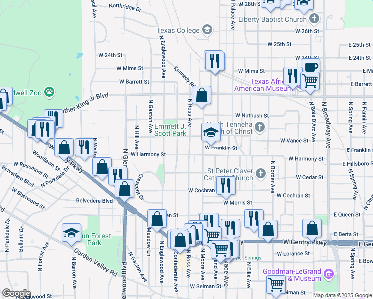 map of restaurants, bars, coffee shops, grocery stores, and more near 1615 North Confederate Avenue in Tyler
