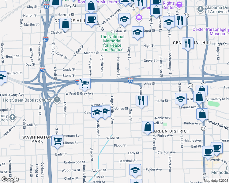 map of restaurants, bars, coffee shops, grocery stores, and more near 222 West Jeff Davis Avenue in Montgomery