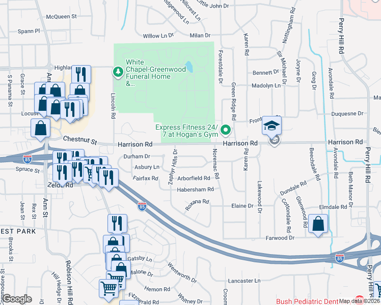 map of restaurants, bars, coffee shops, grocery stores, and more near 3324 Harrison Road in Montgomery
