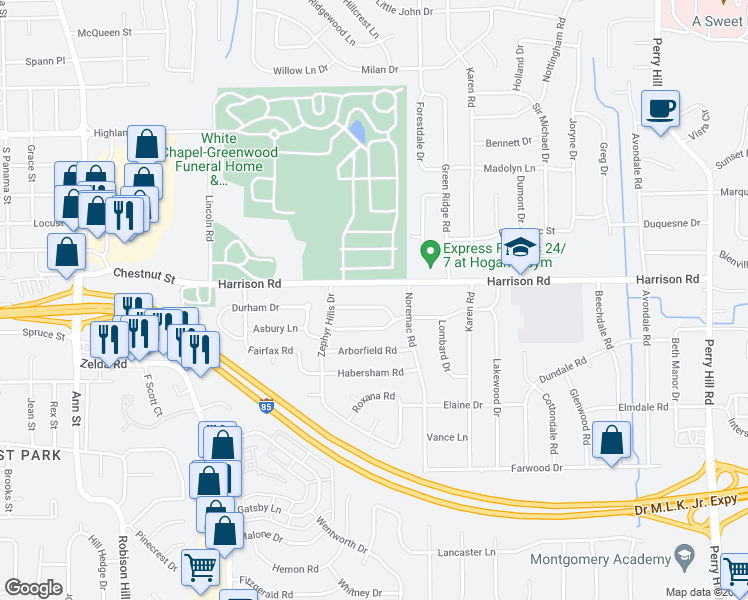 map of restaurants, bars, coffee shops, grocery stores, and more near 3335 Bedford Lane in Montgomery