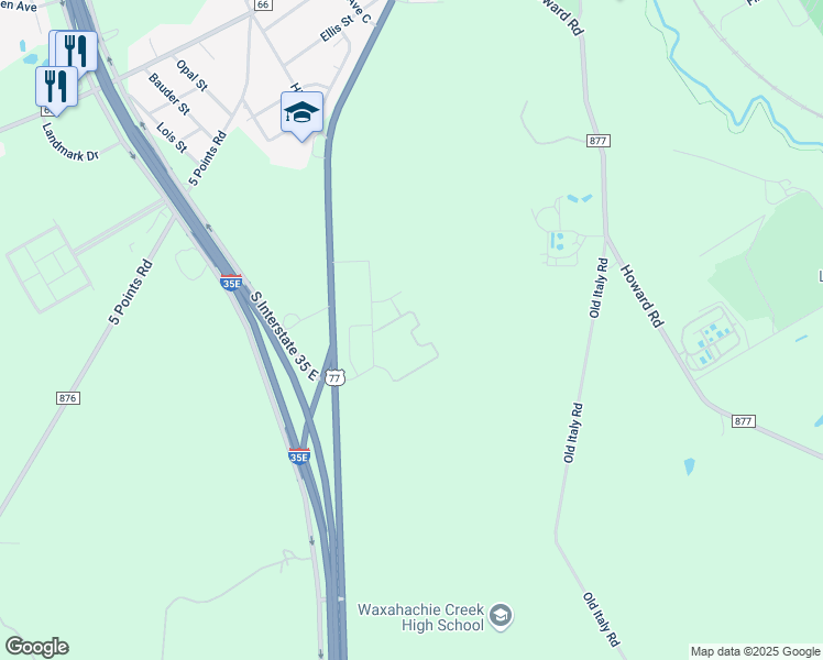 map of restaurants, bars, coffee shops, grocery stores, and more near 122 Park Hills Drive in Waxahachie