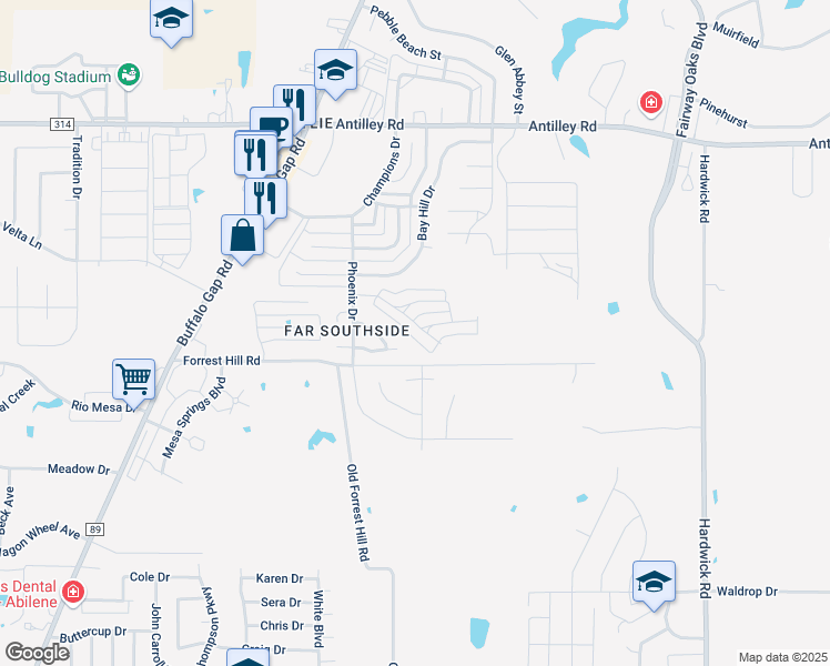 map of restaurants, bars, coffee shops, grocery stores, and more near 3 Twin Creek in Abilene