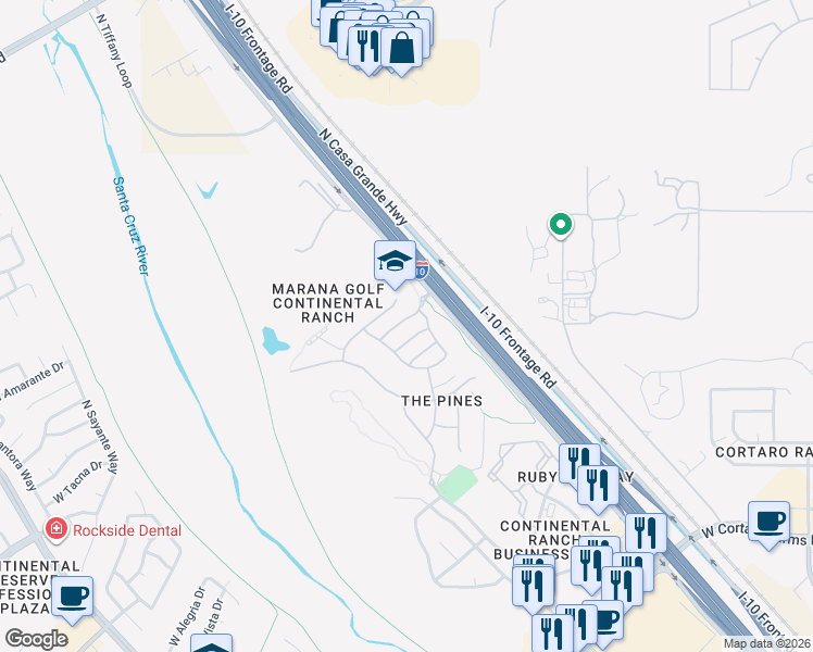 map of restaurants, bars, coffee shops, grocery stores, and more near 8844 North Western Red Cedar Drive in Tucson