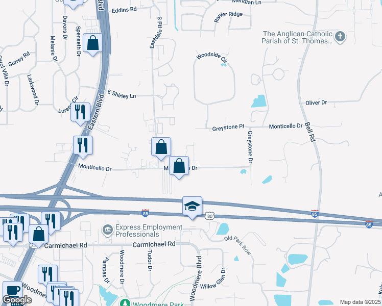 map of restaurants, bars, coffee shops, grocery stores, and more near 6037 Monticello Drive in Montgomery