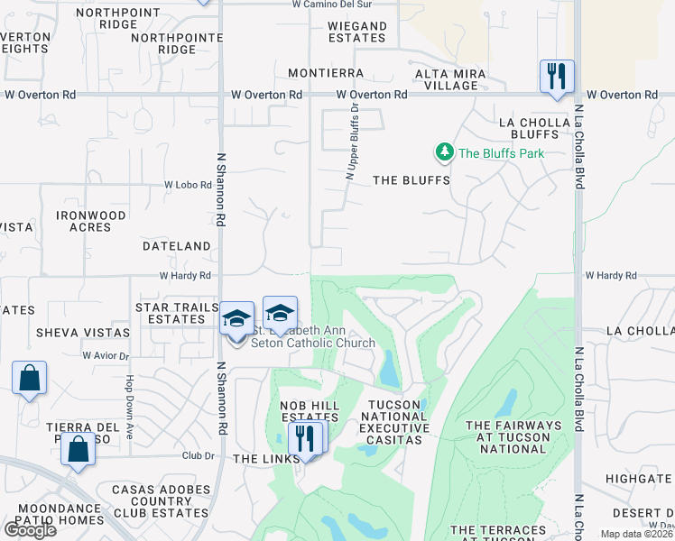 map of restaurants, bars, coffee shops, grocery stores, and more near 8844 North Sandy Ridge Place in Tucson