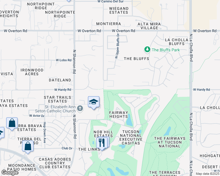 map of restaurants, bars, coffee shops, grocery stores, and more near 8844 North Sandy Ridge Place in Tucson