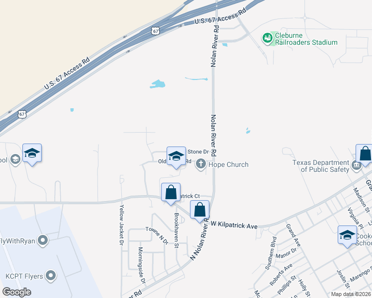 map of restaurants, bars, coffee shops, grocery stores, and more near 1418 Smooth Stone Drive in Cleburne