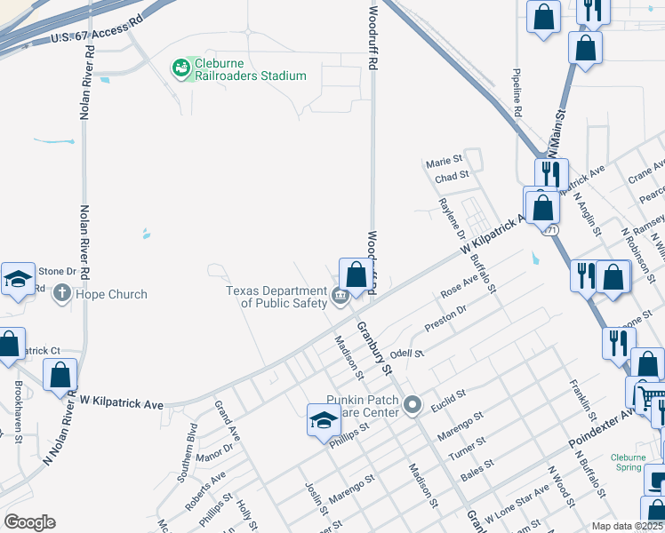 map of restaurants, bars, coffee shops, grocery stores, and more near 2102 Granbury Street in Cleburne