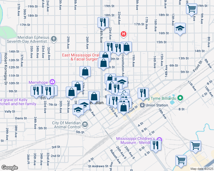 map of restaurants, bars, coffee shops, grocery stores, and more near 911 23rd Avenue in Meridian
