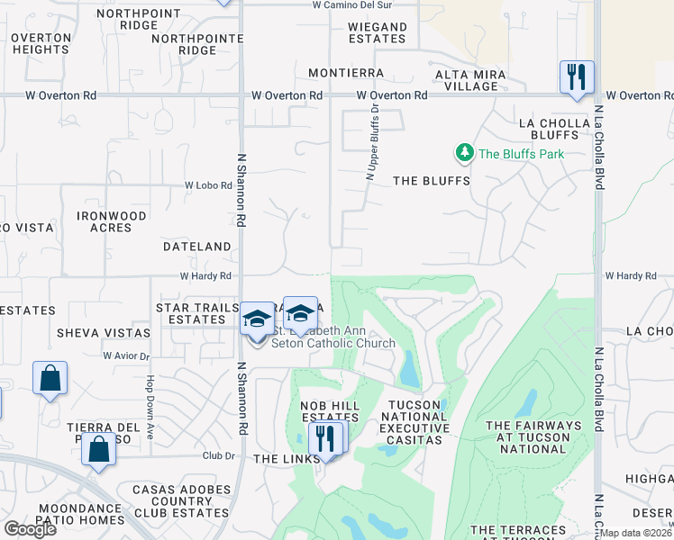 map of restaurants, bars, coffee shops, grocery stores, and more near 2679 West Cholla Ridge Place in Tucson