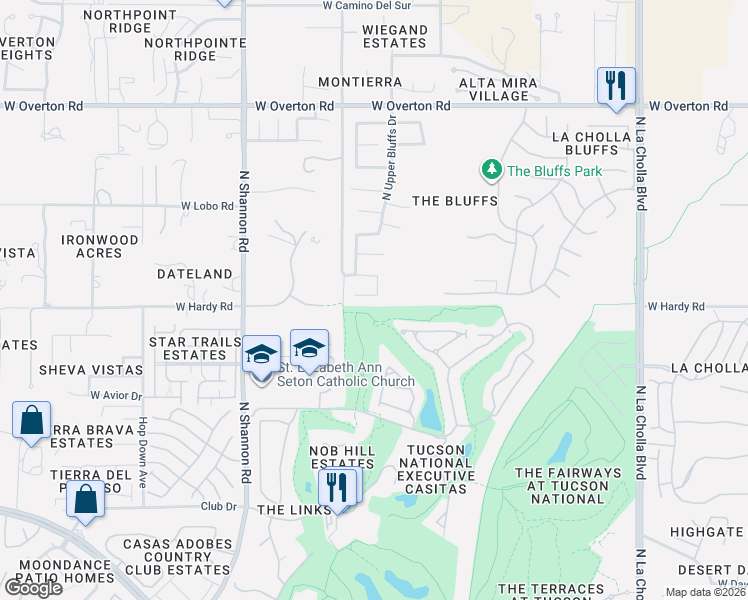 map of restaurants, bars, coffee shops, grocery stores, and more near 8844 North Sandy Ridge Place in Tucson