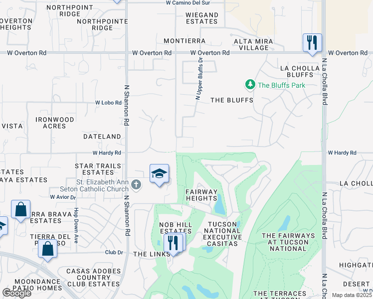 map of restaurants, bars, coffee shops, grocery stores, and more near 8844 North Sandy Ridge Place in Tucson