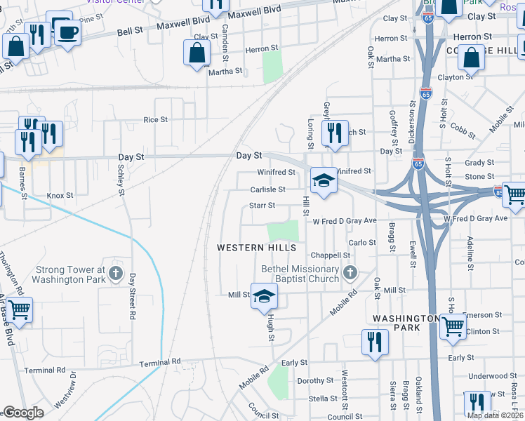 map of restaurants, bars, coffee shops, grocery stores, and more near 2352 Starr Street in Montgomery