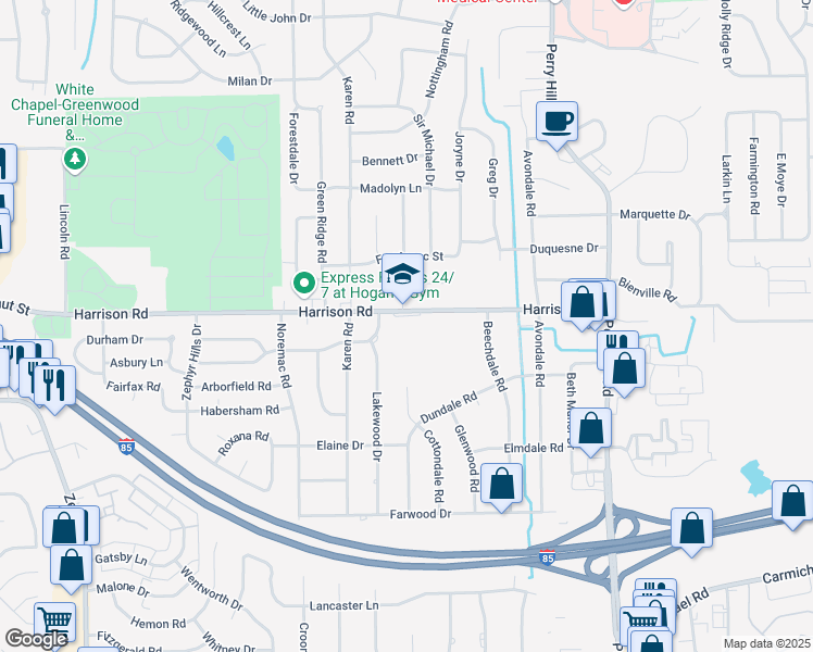 map of restaurants, bars, coffee shops, grocery stores, and more near 3510 Harrison Road in Montgomery