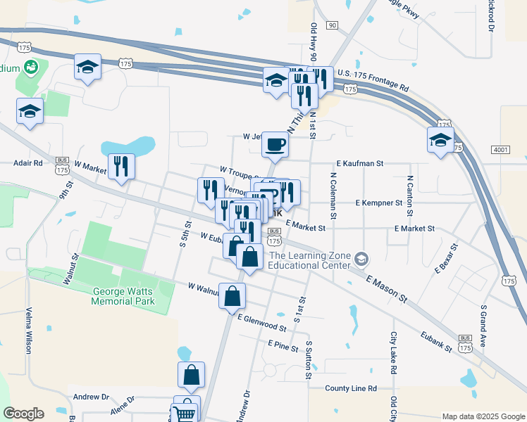 map of restaurants, bars, coffee shops, grocery stores, and more near 101 East Market Street in Mabank