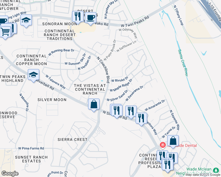 map of restaurants, bars, coffee shops, grocery stores, and more near 7340 West Maple Ridge Drive in Tucson