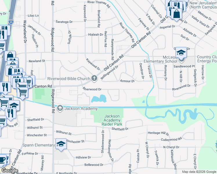 map of restaurants, bars, coffee shops, grocery stores, and more near 363 Rollingwood Drive in Jackson