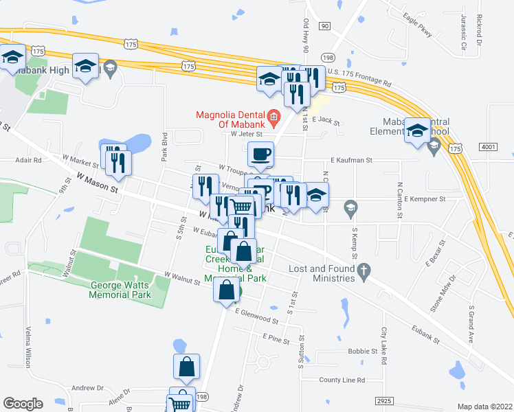 map of restaurants, bars, coffee shops, grocery stores, and more near 101 East Market Street in Mabank