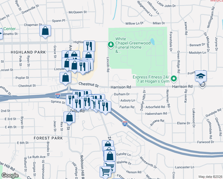 map of restaurants, bars, coffee shops, grocery stores, and more near 3130 Harrison Road in Montgomery