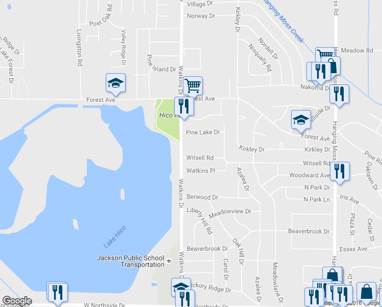 map of restaurants, bars, coffee shops, grocery stores, and more near 964 Witsell Rd in Jackson