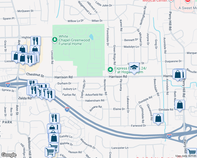 map of restaurants, bars, coffee shops, grocery stores, and more near 1000 Noremac Road in Montgomery
