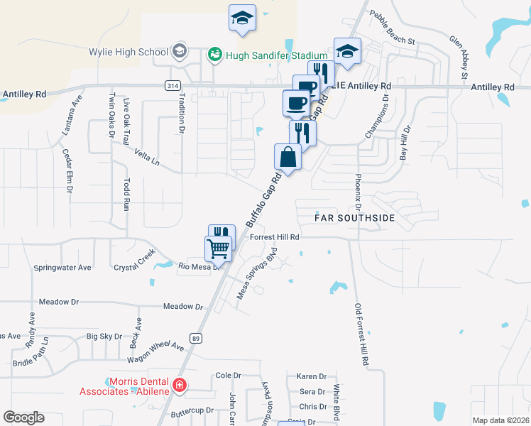 map of restaurants, bars, coffee shops, grocery stores, and more near 6771 Buffalo Gap Road in Abilene