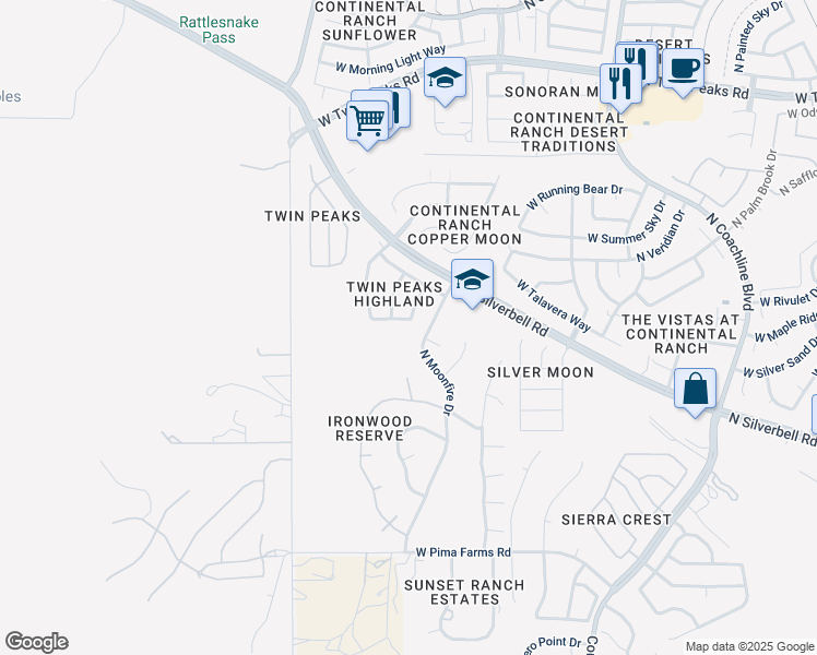 map of restaurants, bars, coffee shops, grocery stores, and more near 8836 North Twin Peaks Brook Road in Tucson