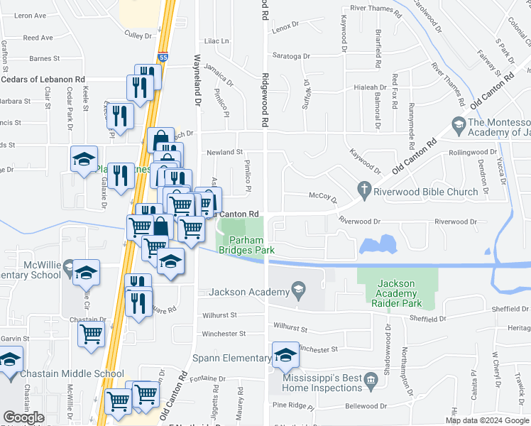 map of restaurants, bars, coffee shops, grocery stores, and more near 5101 Ridgewood Road in Jackson