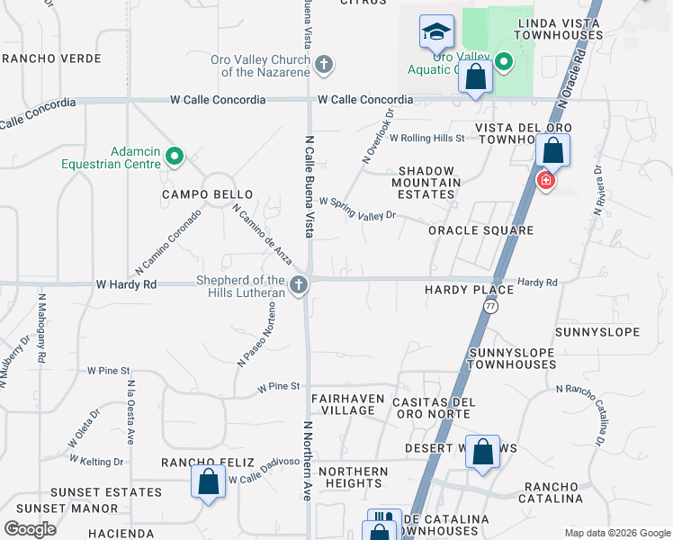 map of restaurants, bars, coffee shops, grocery stores, and more near 502 West Hardy Road in Oro Valley
