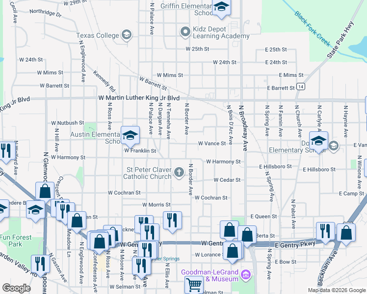 map of restaurants, bars, coffee shops, grocery stores, and more near 1612 North Border Avenue in Tyler
