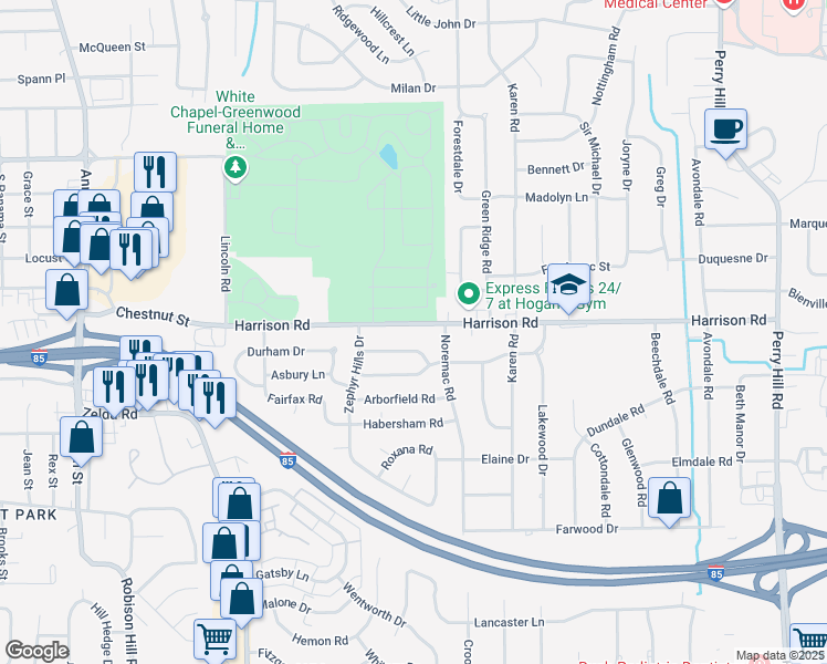 map of restaurants, bars, coffee shops, grocery stores, and more near 3340 Harrison Road in Montgomery