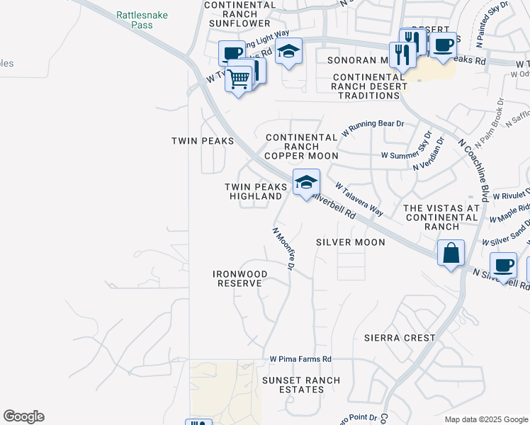 map of restaurants, bars, coffee shops, grocery stores, and more near 8836 North Twin Peaks Brook Road in Tucson