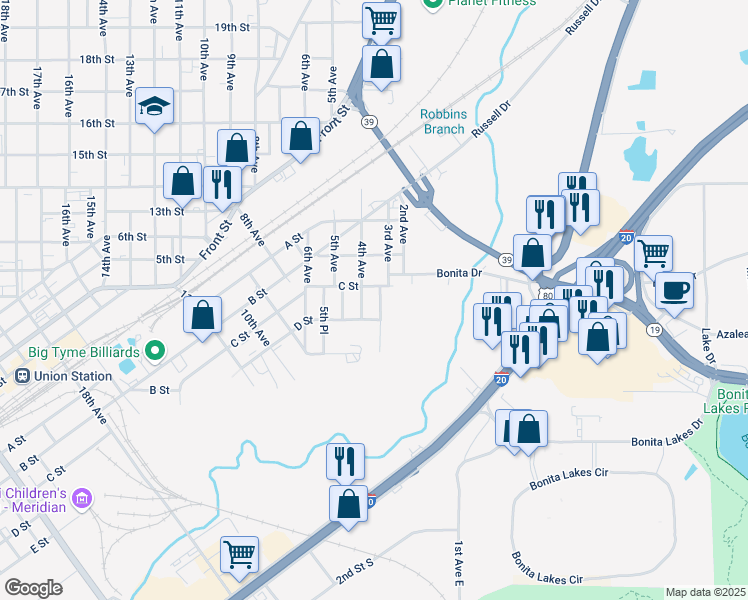 map of restaurants, bars, coffee shops, grocery stores, and more near 302 3rd Avenue South in Meridian