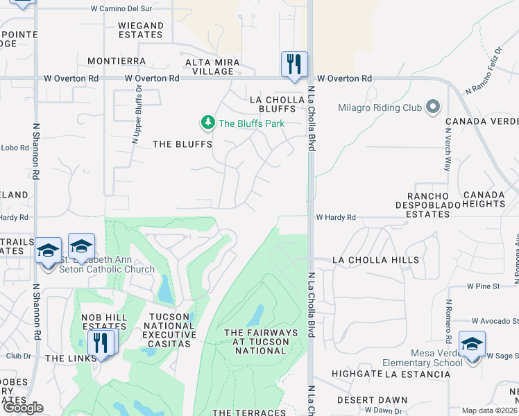 map of restaurants, bars, coffee shops, grocery stores, and more near 8844 North Mesquite Bluffs Place in Tucson