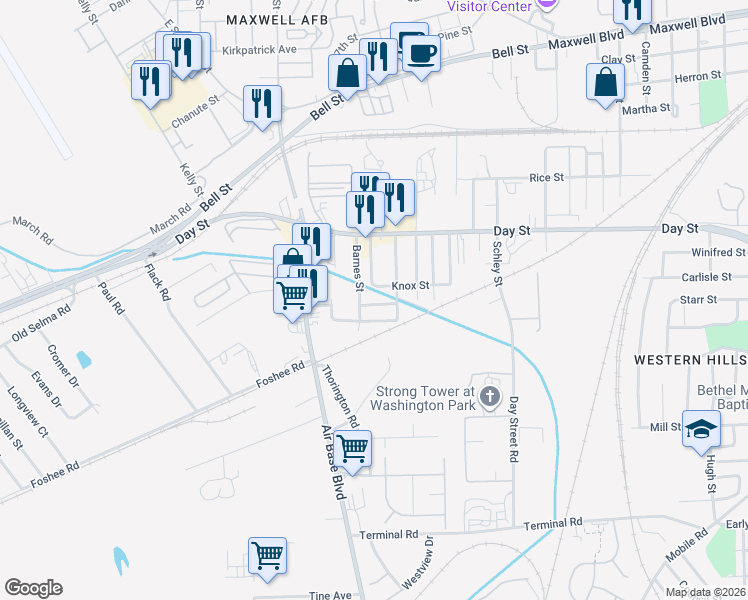 map of restaurants, bars, coffee shops, grocery stores, and more near 3436 Homeview Street in Montgomery
