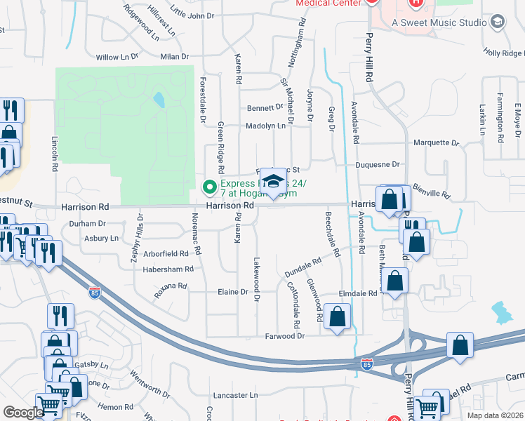 map of restaurants, bars, coffee shops, grocery stores, and more near 1003 Loch Haven Road in Montgomery