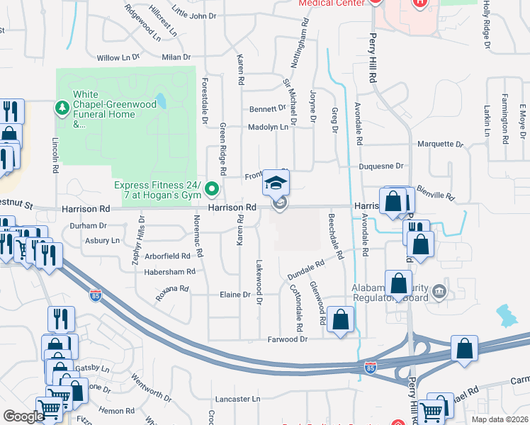 map of restaurants, bars, coffee shops, grocery stores, and more near 1003 Loch Haven Road in Montgomery