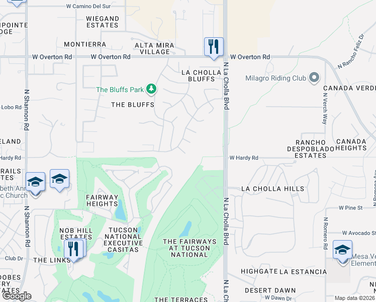 map of restaurants, bars, coffee shops, grocery stores, and more near 8820 North Mesquite Bluffs Place in Tucson
